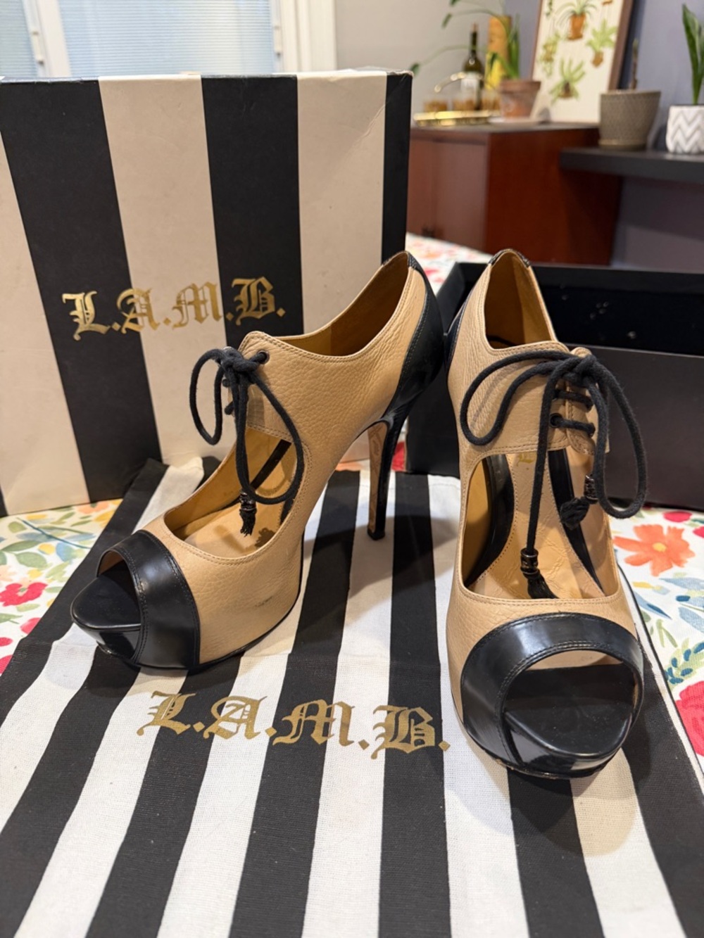 L.A.M.B. Two-Tone Beige and Black Lace-Up Peep-Toe Pumps